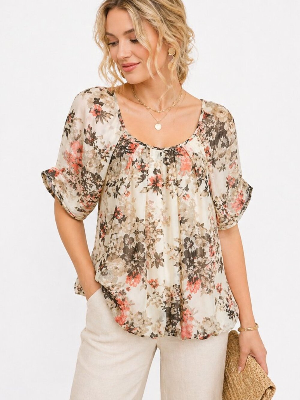 Sara Michelle Floral Bubble Hem Blouse XL Romantic Boho Top